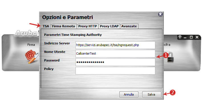 Inserisci Username e Password in Aruba Sign